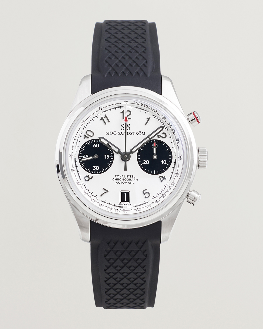 Heren | Sjöö Sandström Royal Steel Chronograph 40mm Black Rubber White Dial | Sjöö Sandström | Royal Steel Chronograph 40mm Black Rubber White Dial