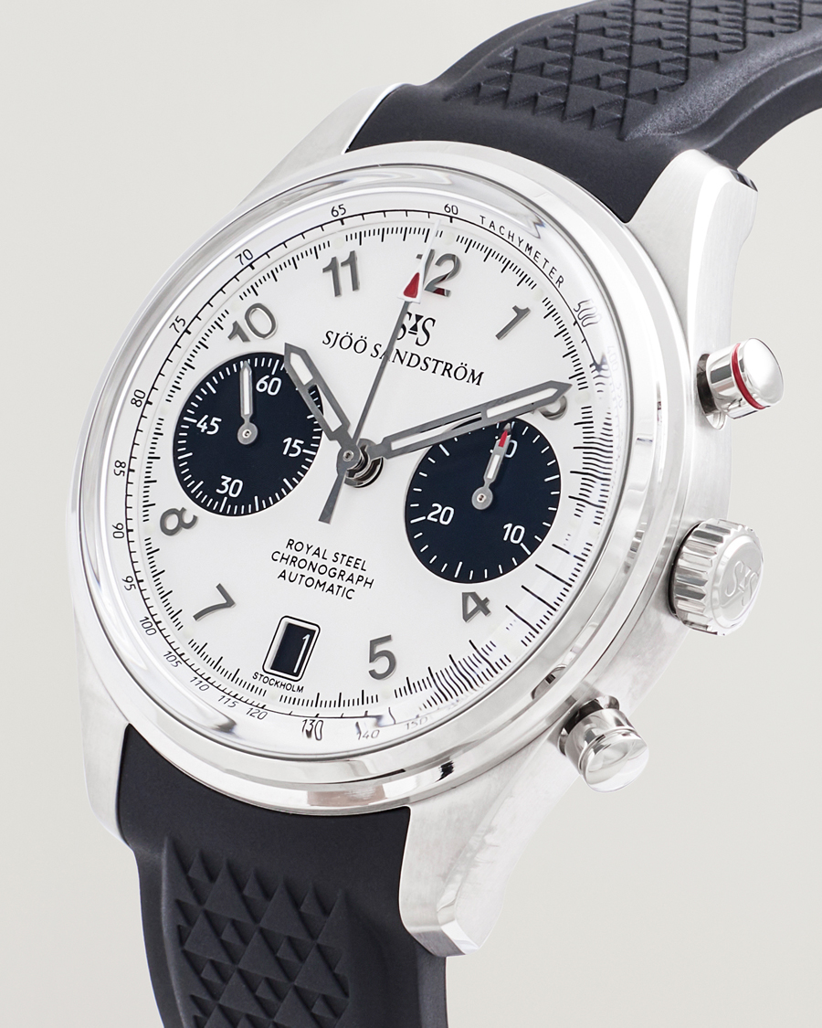 Heren | Sjöö Sandström Royal Steel Chronograph 40mm Black Rubber White Dial | Sjöö Sandström | Royal Steel Chronograph 40mm Black Rubber White Dial