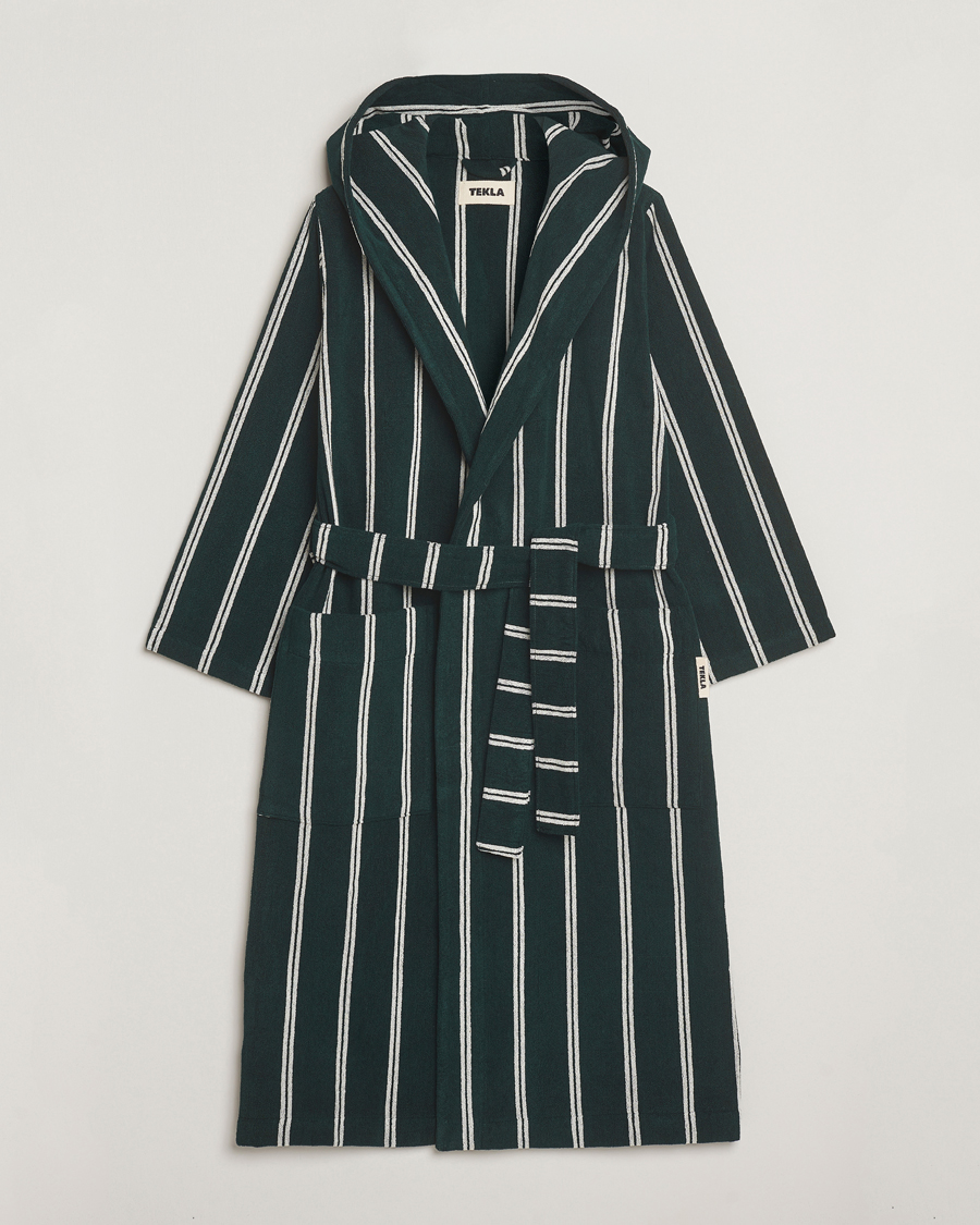 Heren | Pyjama's en gewaden | Tekla | Organic Terry Hooded Bathrobe Forest Green Stripes