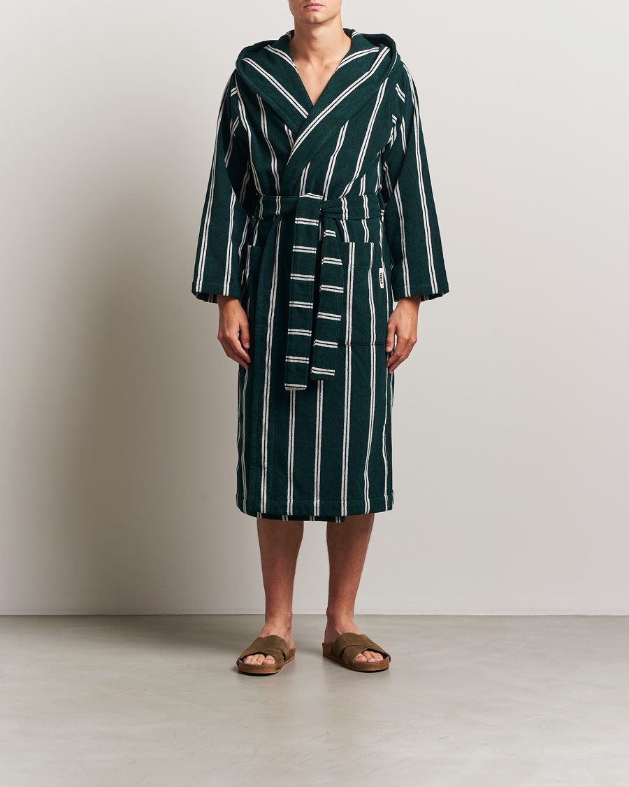 Heren | Pyjama's en gewaden | Tekla | Organic Terry Hooded Bathrobe Forest Green Stripes