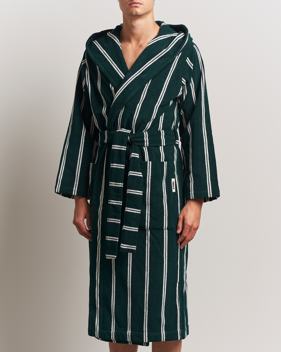 Heren | Pyjama's en gewaden | Tekla | Organic Terry Hooded Bathrobe Forest Green Stripes
