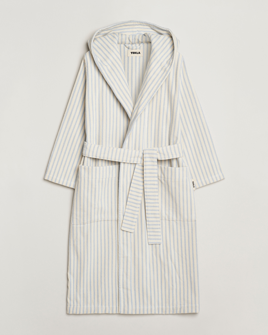 Heren | Pyjama's en gewaden | Tekla | Organic Terry Hooded Bathrobe Soft Blue Stripes