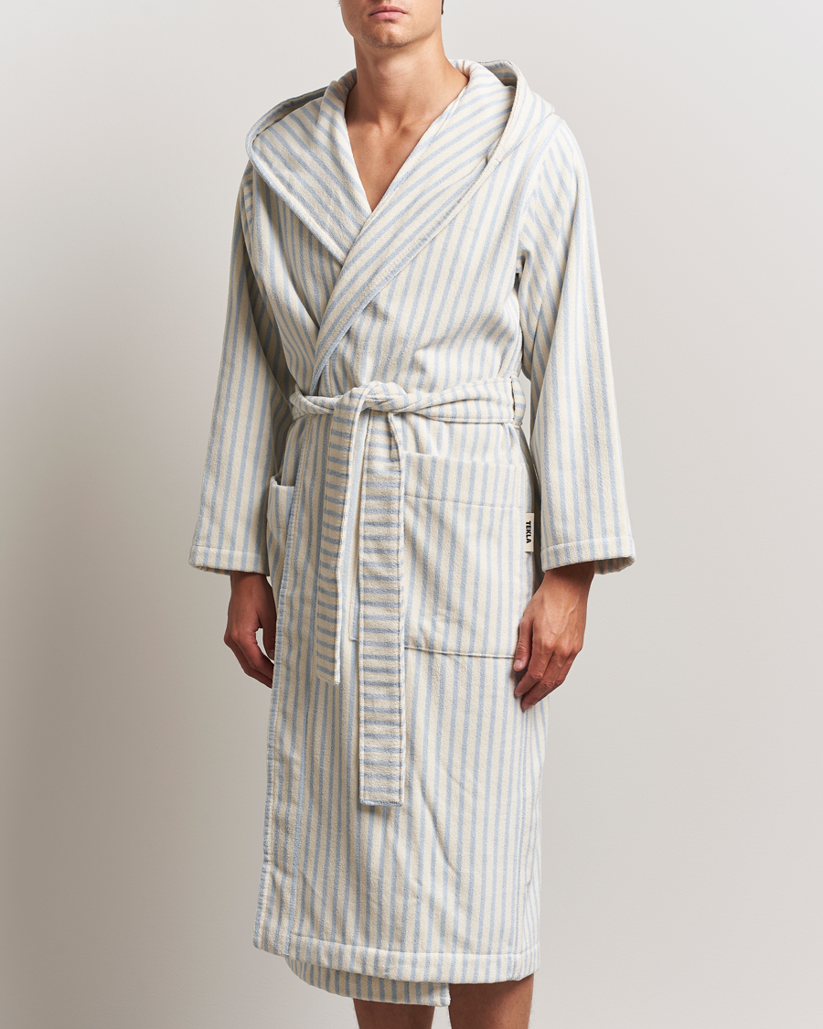Heren | Pyjama's en gewaden | Tekla | Organic Terry Hooded Bathrobe Soft Blue Stripes
