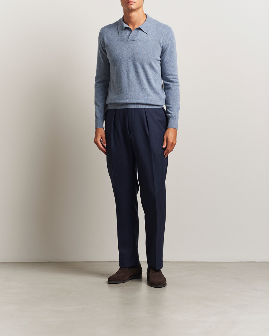 Heren | Truien | Altea | Long Sleeve Knitted Wool Polo Blue Melange