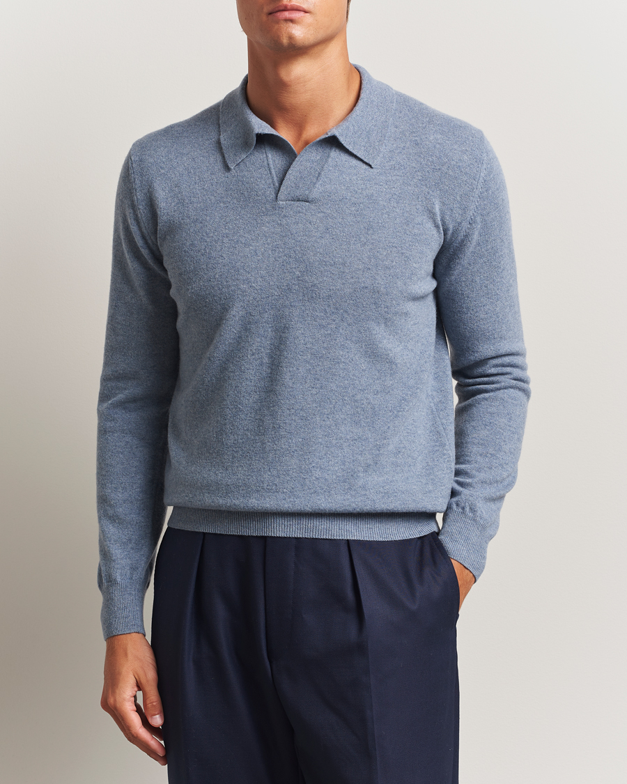 Heren | Truien | Altea | Long Sleeve Knitted Wool Polo Blue Melange