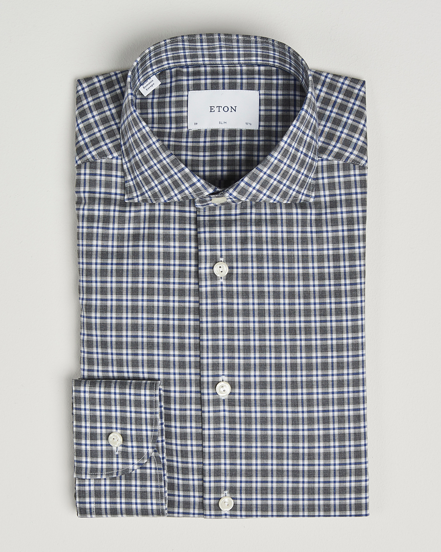 Heren | Overhemden | Eton | Slim Fit Checked Wrinkle Free Flannel Shirt Dark Grey