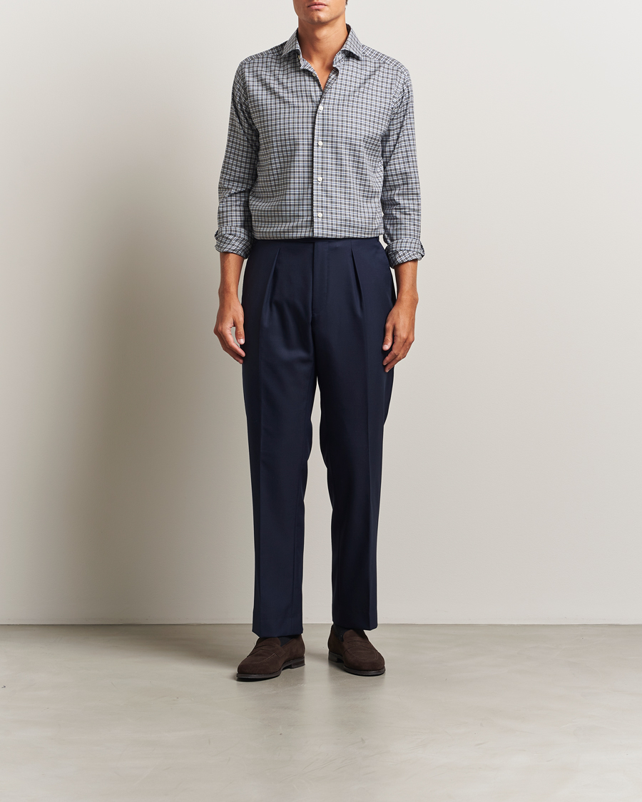 Heren | Overhemden | Eton | Slim Fit Checked Wrinkle Free Flannel Shirt Dark Grey
