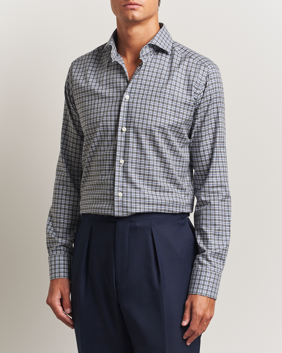 Heren | Overhemden | Eton | Slim Fit Checked Wrinkle Free Flannel Shirt Dark Grey