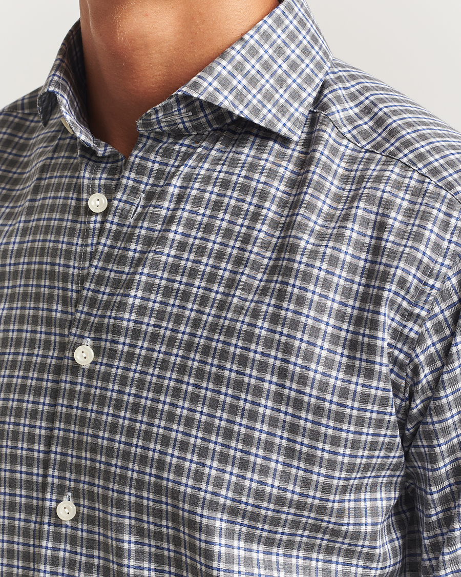 Heren | Overhemden | Eton | Slim Fit Checked Wrinkle Free Flannel Shirt Dark Grey