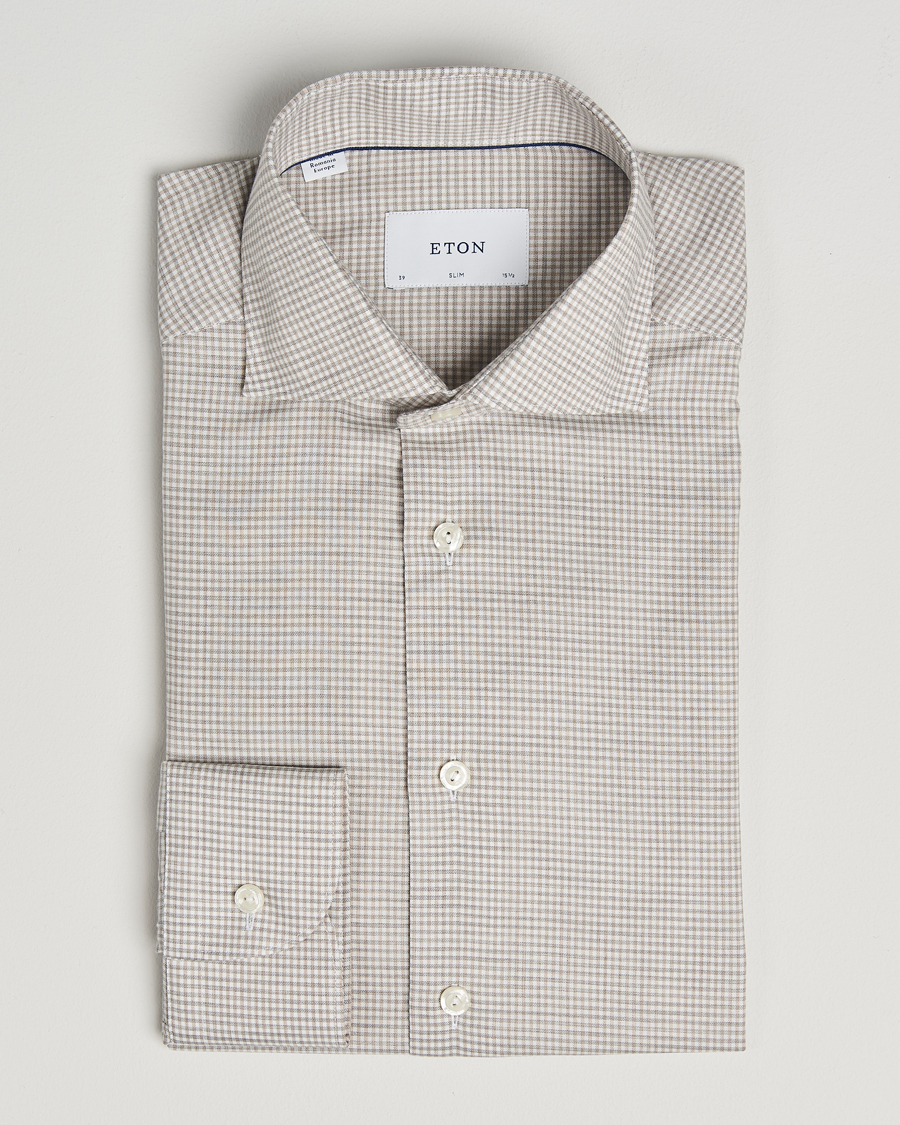 Heren | Overhemden | Eton | Slim Fit Checked Wrinkle Free Flannel Shirt Beige