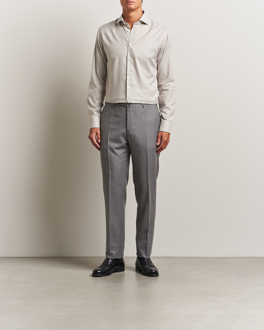 Heren | Overhemden | Eton | Slim Fit Checked Wrinkle Free Flannel Shirt Beige