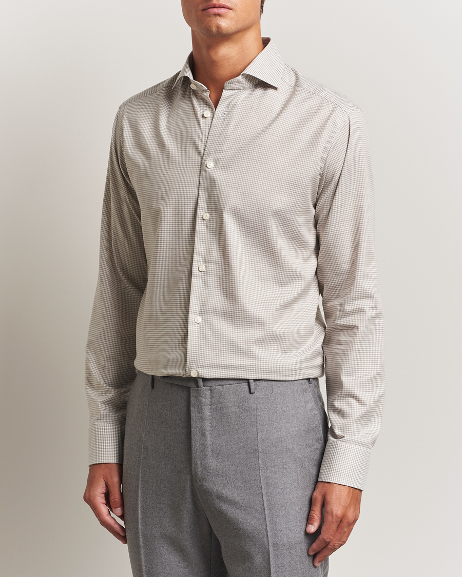 Heren | Overhemden | Eton | Slim Fit Checked Wrinkle Free Flannel Shirt Beige