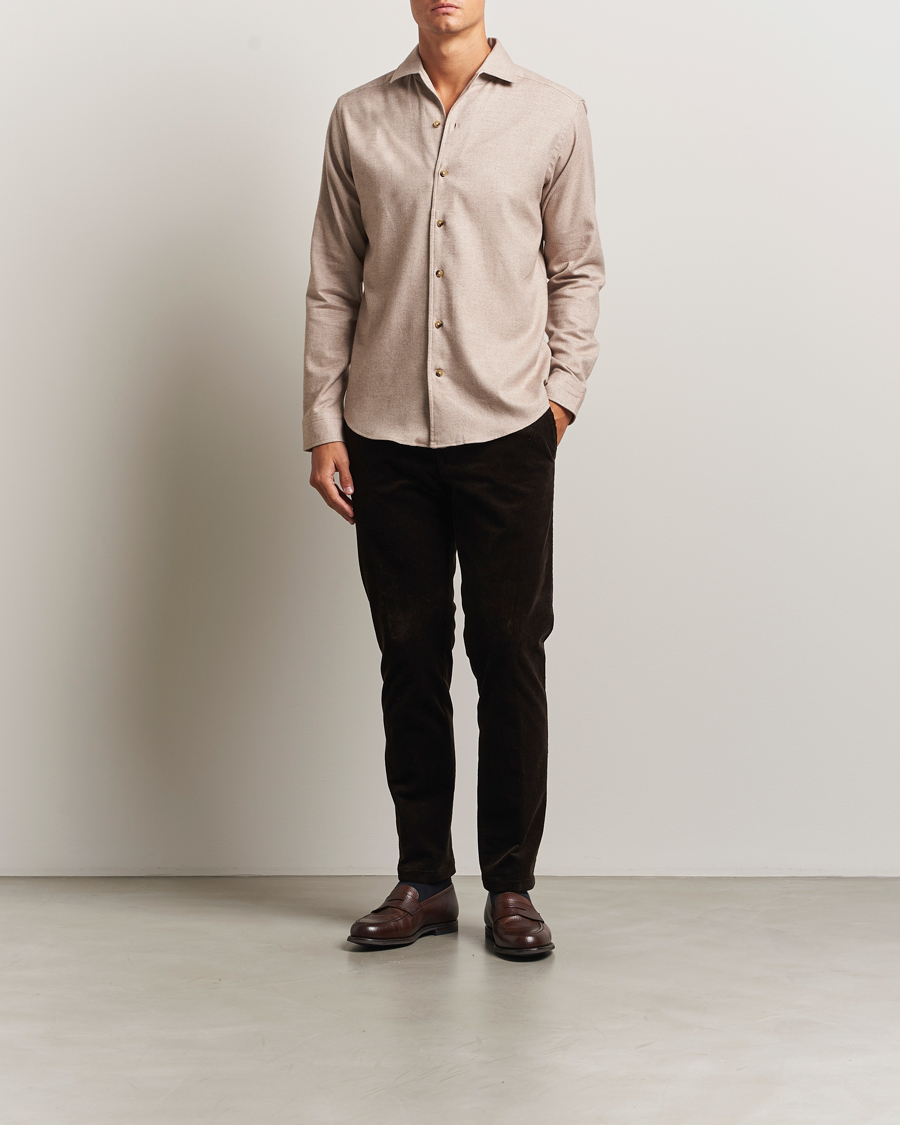 Heren | Overhemden | Eton | Casual Fit One Piece Collar Flannel Shirt Beige