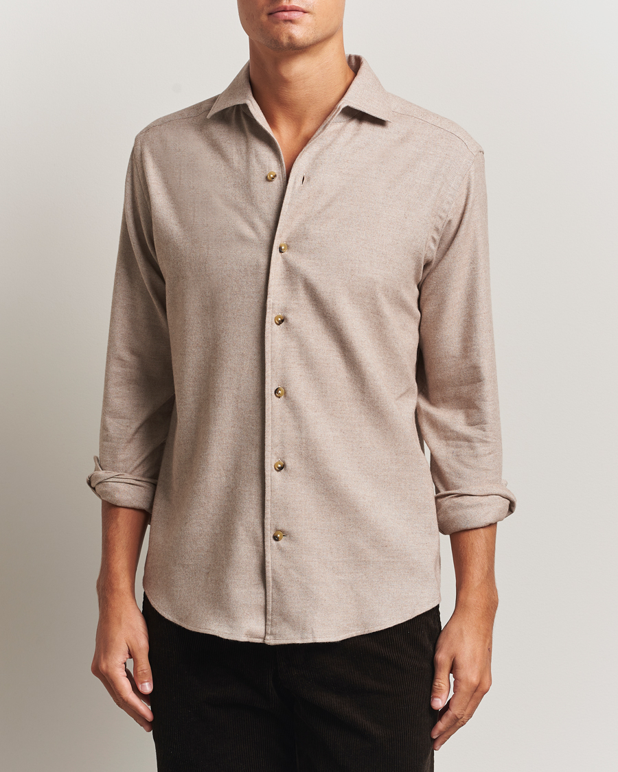 Heren | Overhemden | Eton | Casual Fit One Piece Collar Flannel Shirt Beige