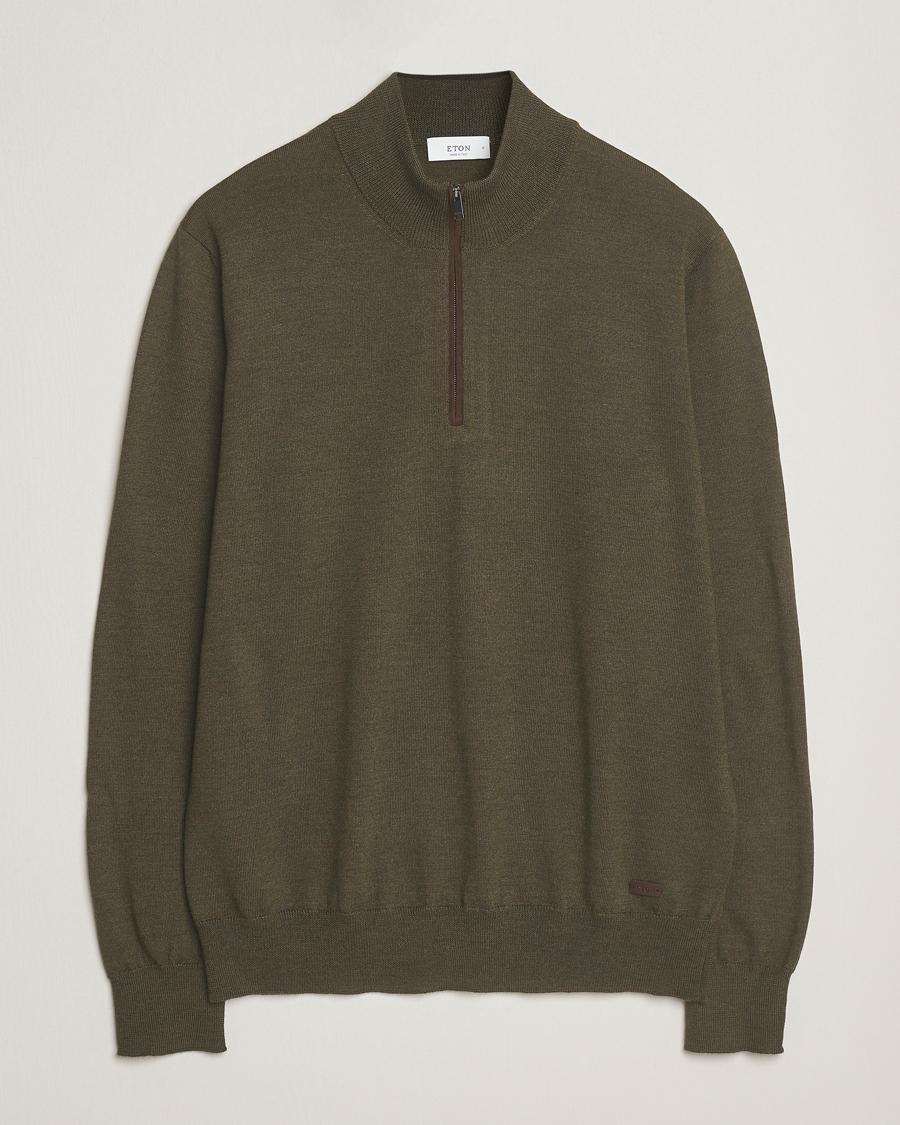 Heren | Truien | Eton | Merino Knitted Half Zip Dark Green