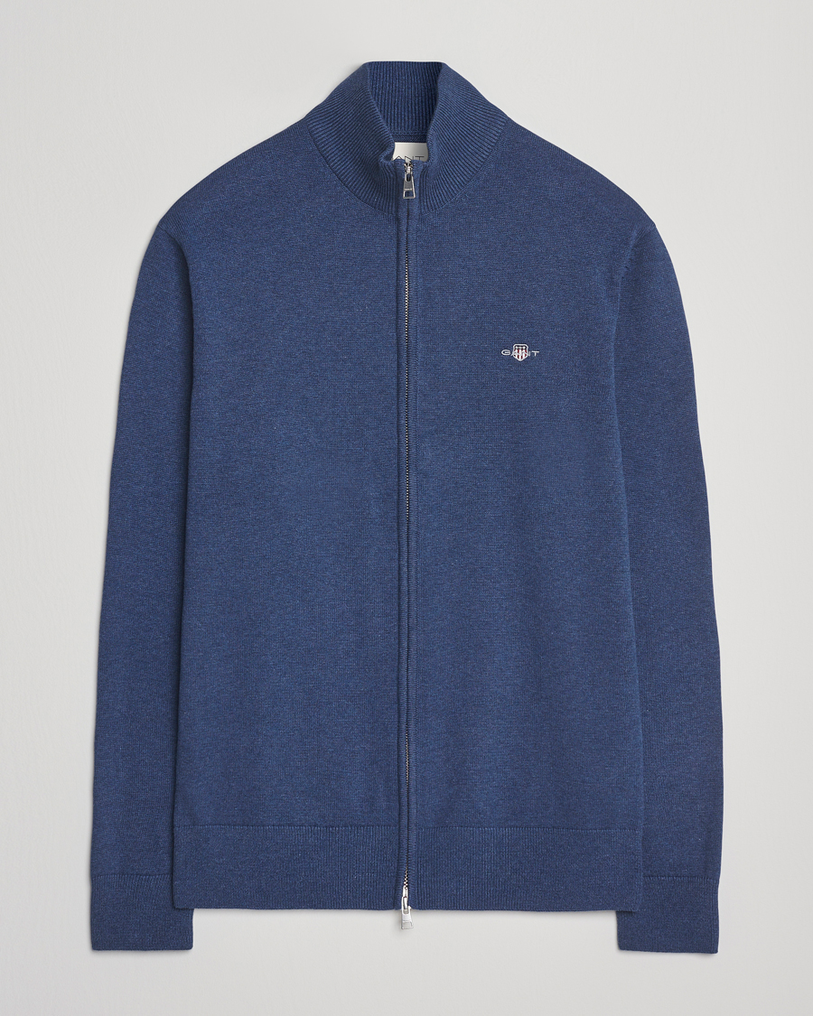 Heren | Truien | GANT | Casual Cotton Full Zip Dark Jeans Blue Melange