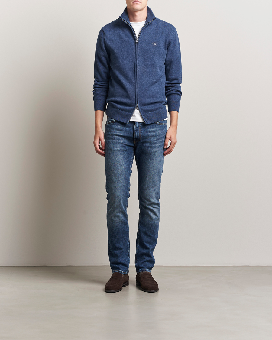 Heren | Truien | GANT | Casual Cotton Full Zip Dark Jeans Blue Melange