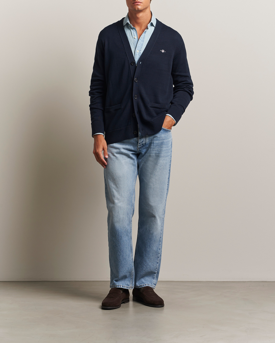 Heren | Truien | Gant | Casual Cotton Cardigan Evening Blue