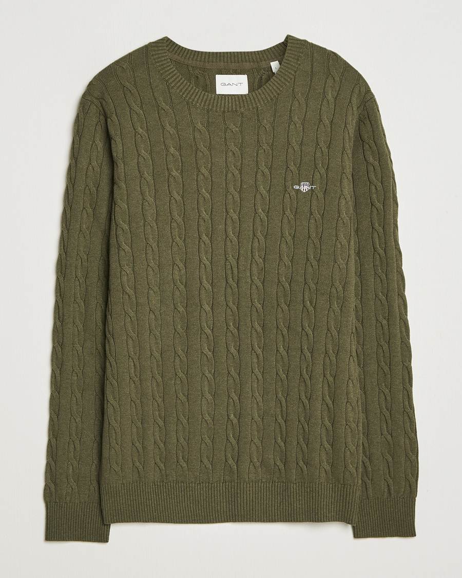Heren | Truien | GANT | Cotton Cable Crew Neck Pullover Khaki Green Melange