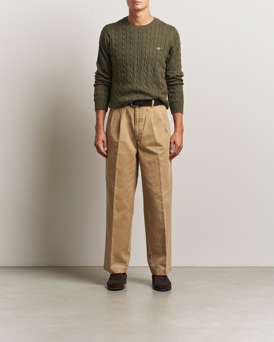 Heren | Truien | GANT | Cotton Cable Crew Neck Pullover Khaki Green Melange