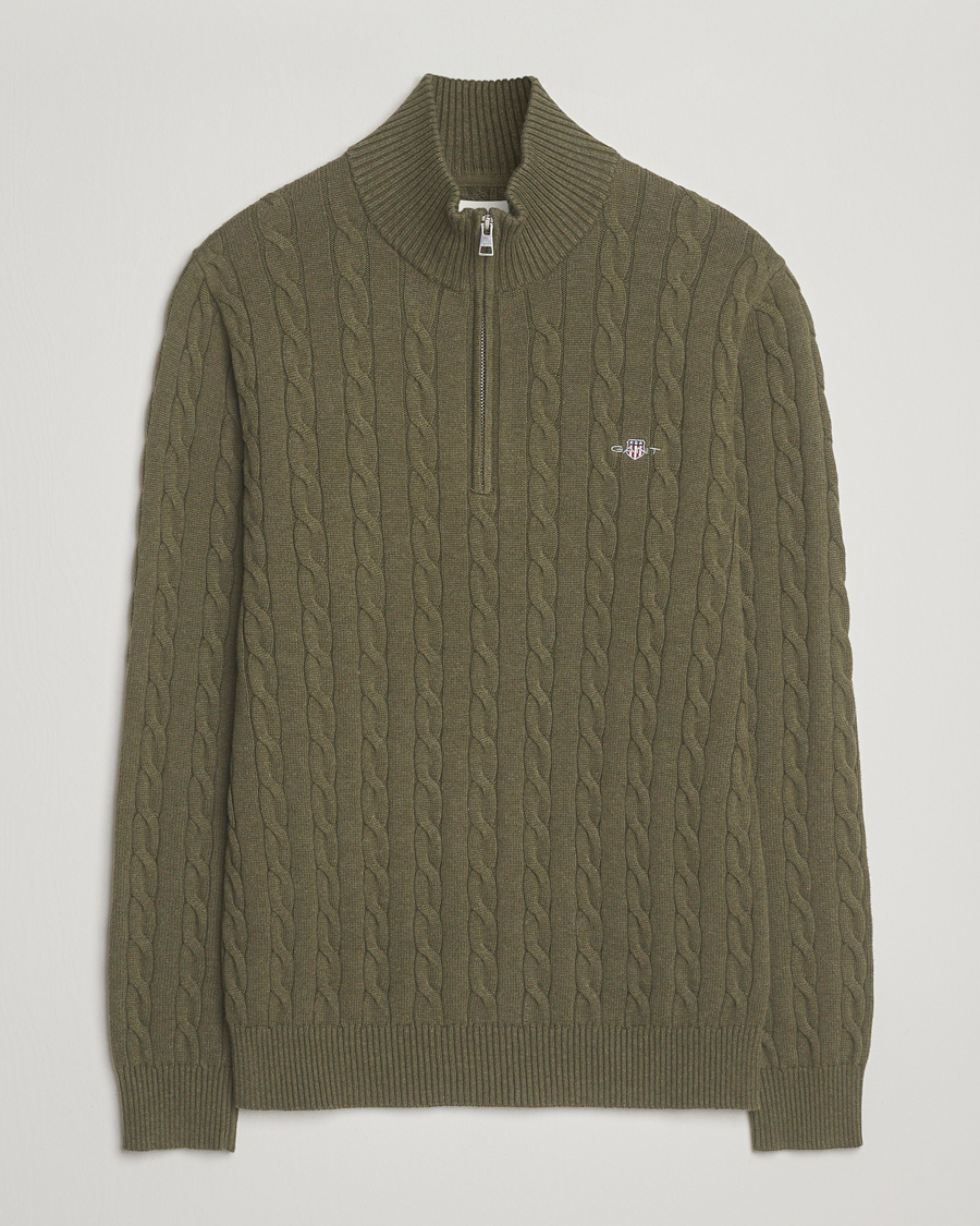 Heren | Truien | GANT | Cotton Cable Half Zip Khaki Green Melange