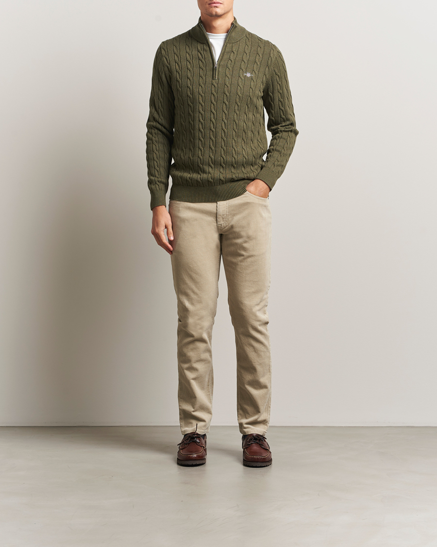 Heren | Truien | GANT | Cotton Cable Half Zip Khaki Green Melange