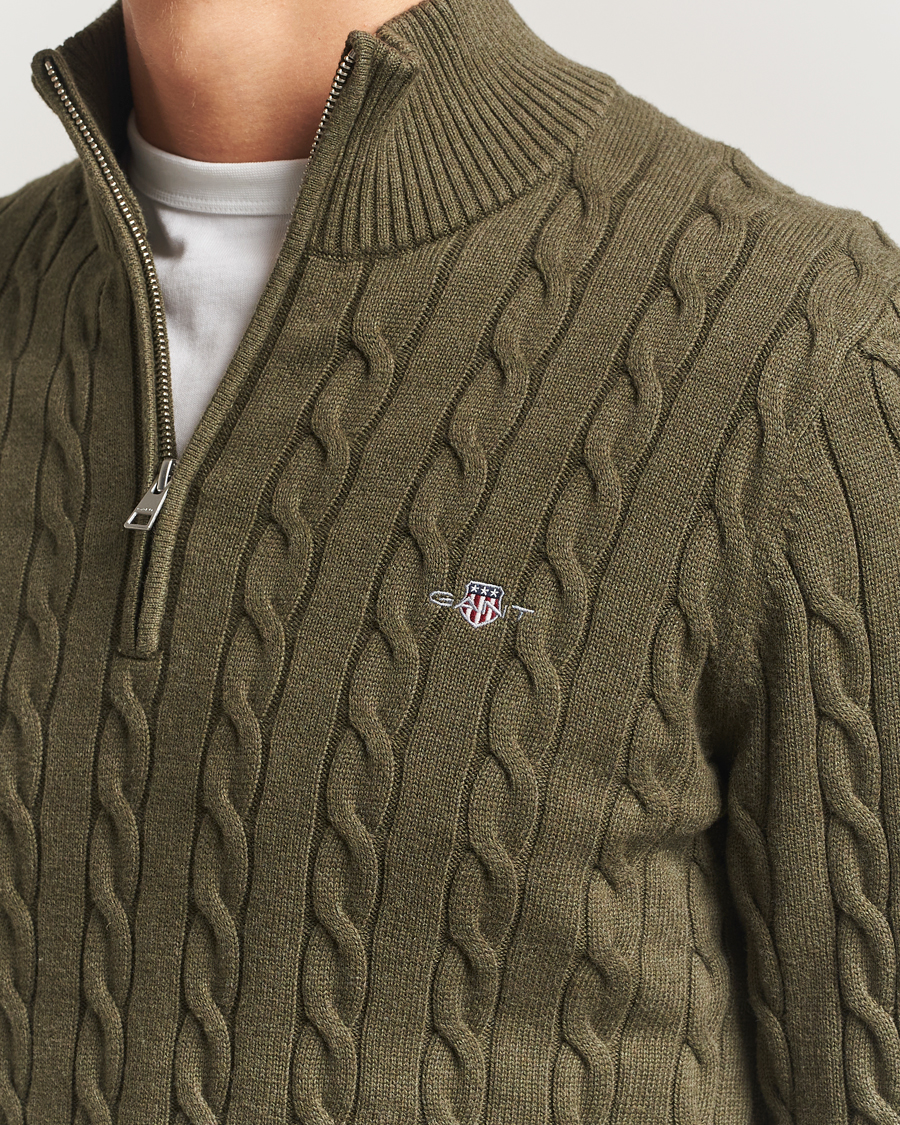 Heren | Truien | GANT | Cotton Cable Half Zip Khaki Green Melange