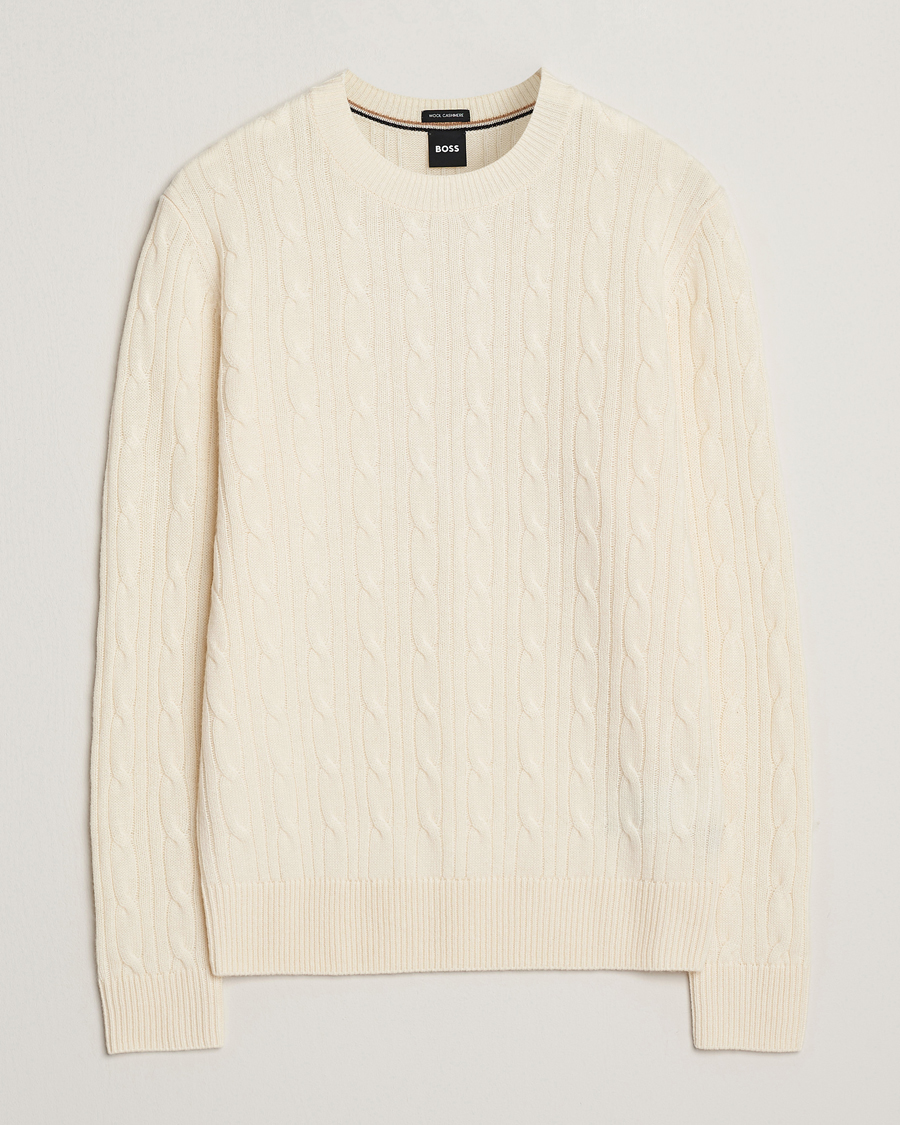 Heren | Truien | BOSS BLACK | Hetico Wool/Cashmere Cable Sweater Open White