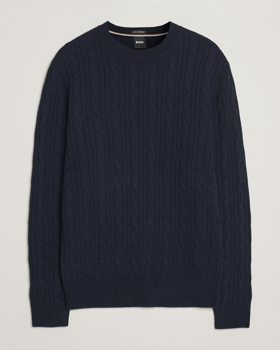 Heren | Truien | BOSS BLACK | Hetico Wool/Cashmere Cable Sweater Dark Blue