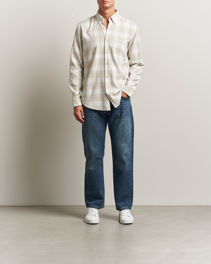 Heren | Overhemden | BOSS ORANGE | Rickert Brushed Cotton Checked Shirt Light Beige