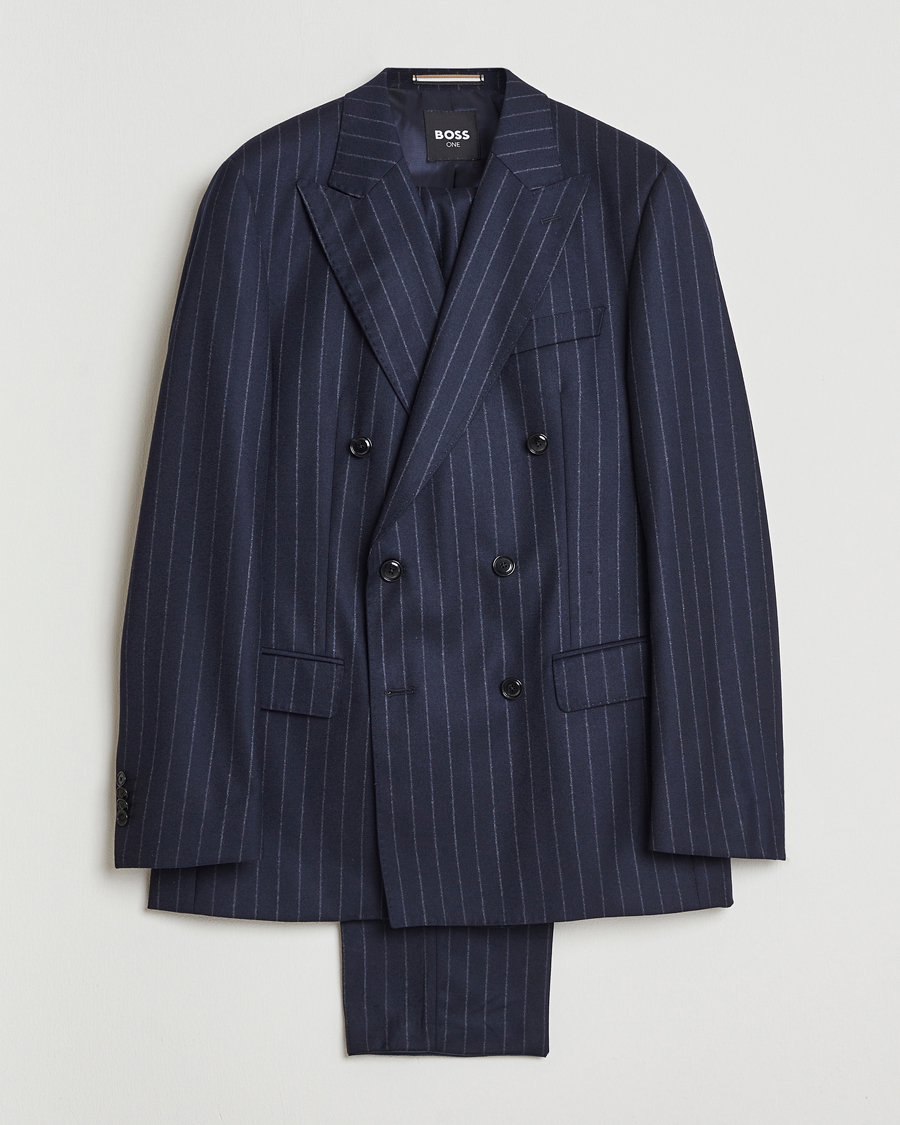 Heren | Pakken | BOSS BLACK | Huge Wool Double Breasted Pinstriped Suit Dark Blue