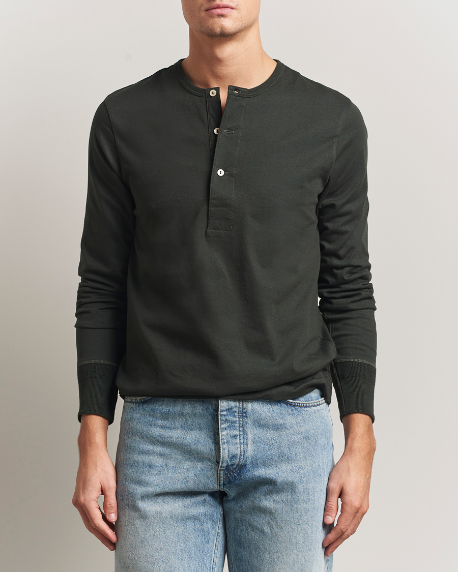 Heren | Truien | Merz b. Schwanen | Classic Fit Sturdy Organic Cotton Henley Forest Green