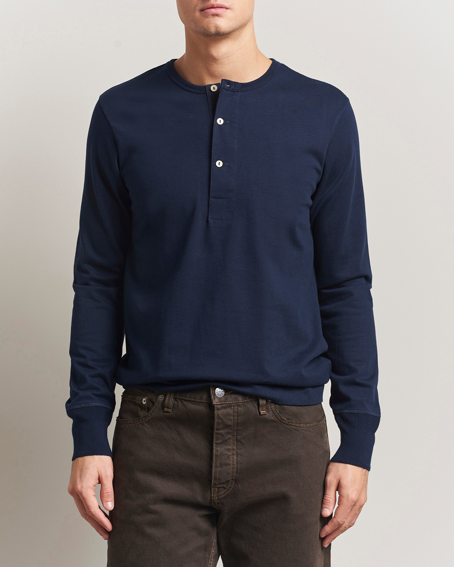 Heren | Truien | Merz b. Schwanen | Classic Fit Sturdy Organic Cotton Henley Ink Blue