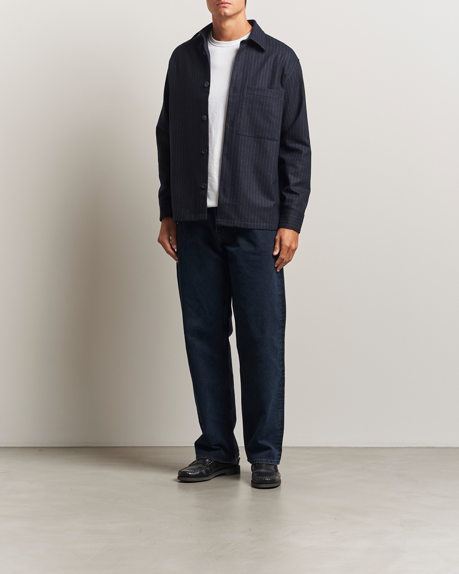 Heren | Overhemden | NN07 | Freddy Wool Pinstriped Overshirt Navy Blue