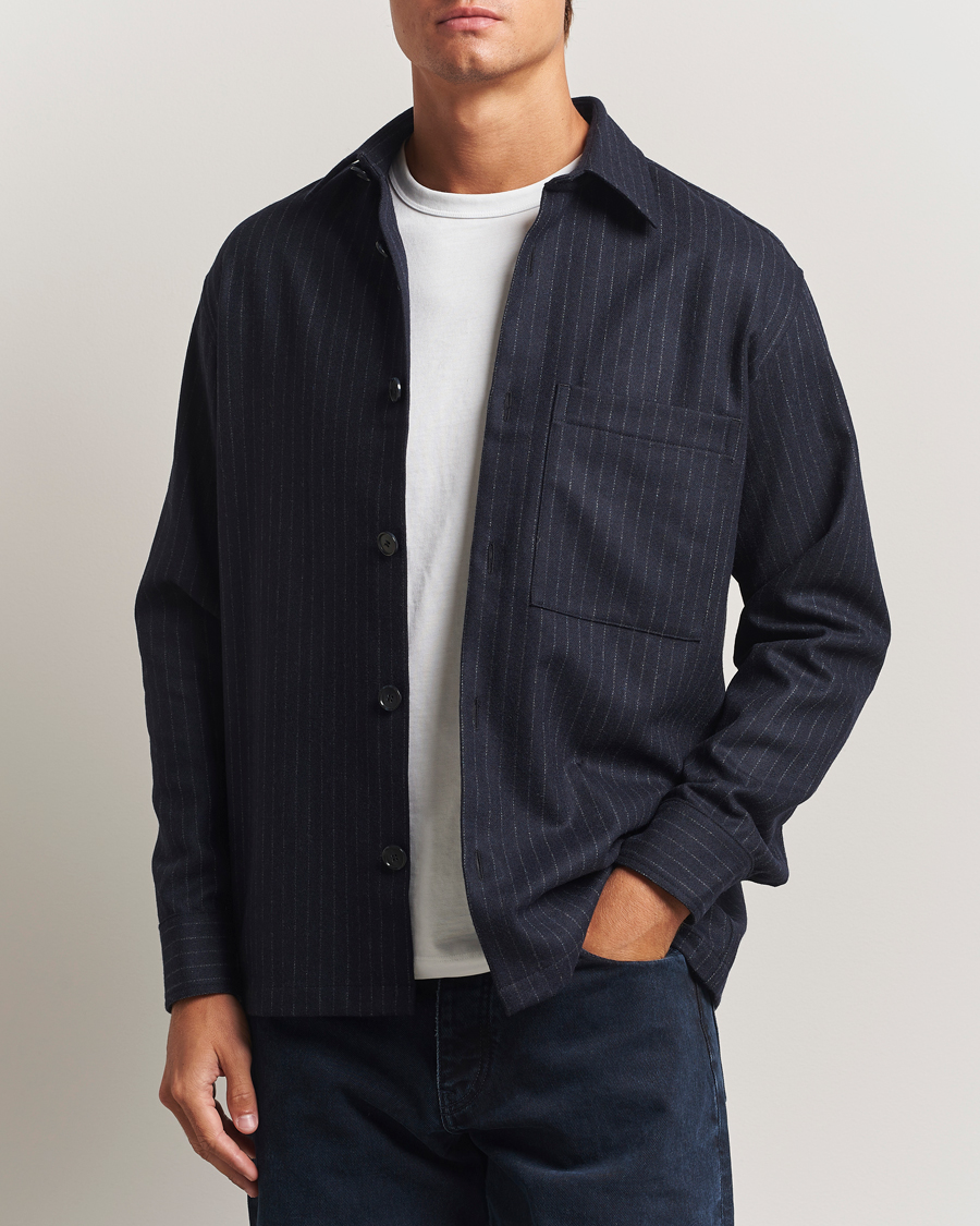 Heren | Overhemden | NN07 | Freddy Wool Pinstriped Overshirt Navy Blue