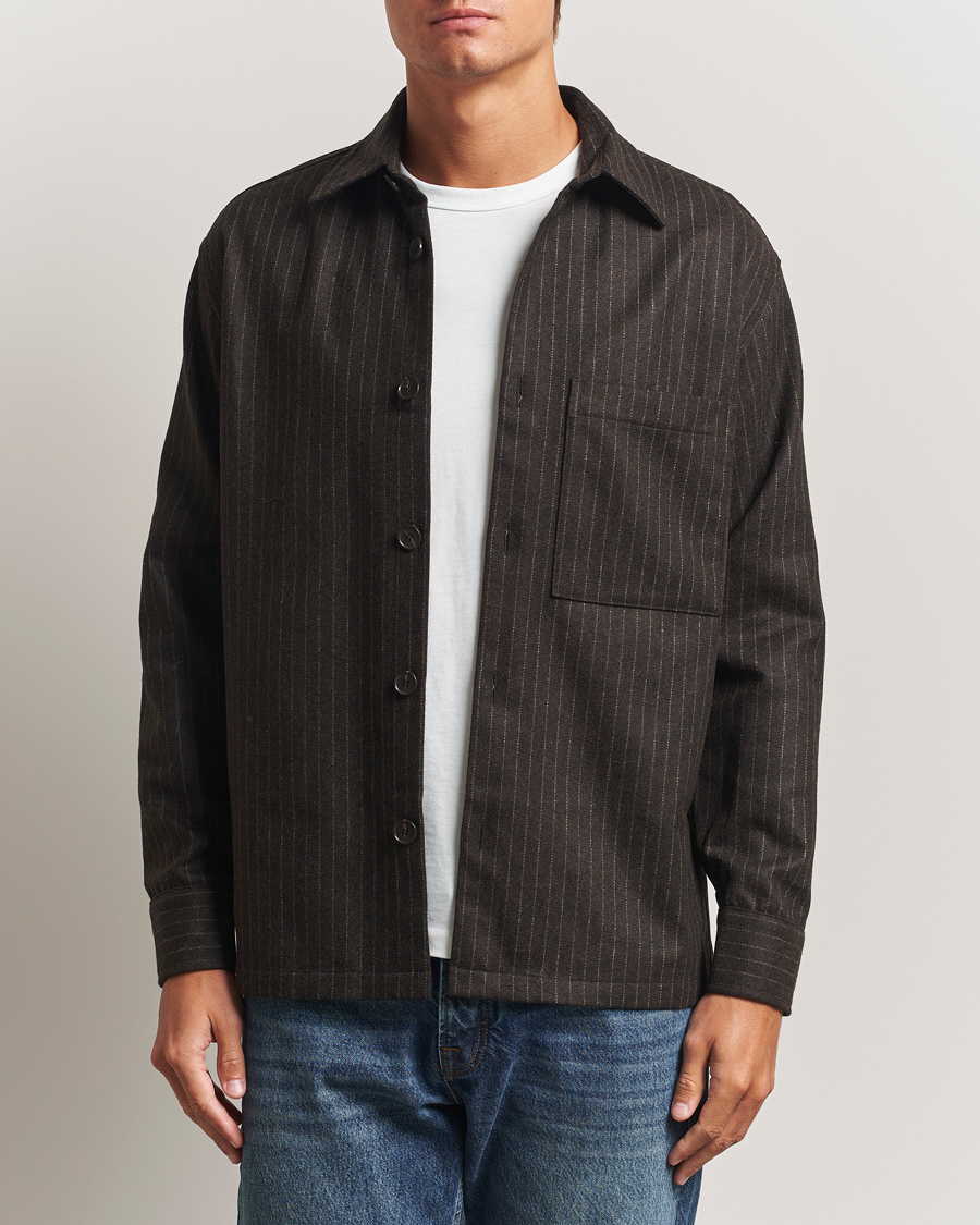 Heren | Overhemden | NN07 | Freddy Wool Pinstriped Overshirt Dark Brown