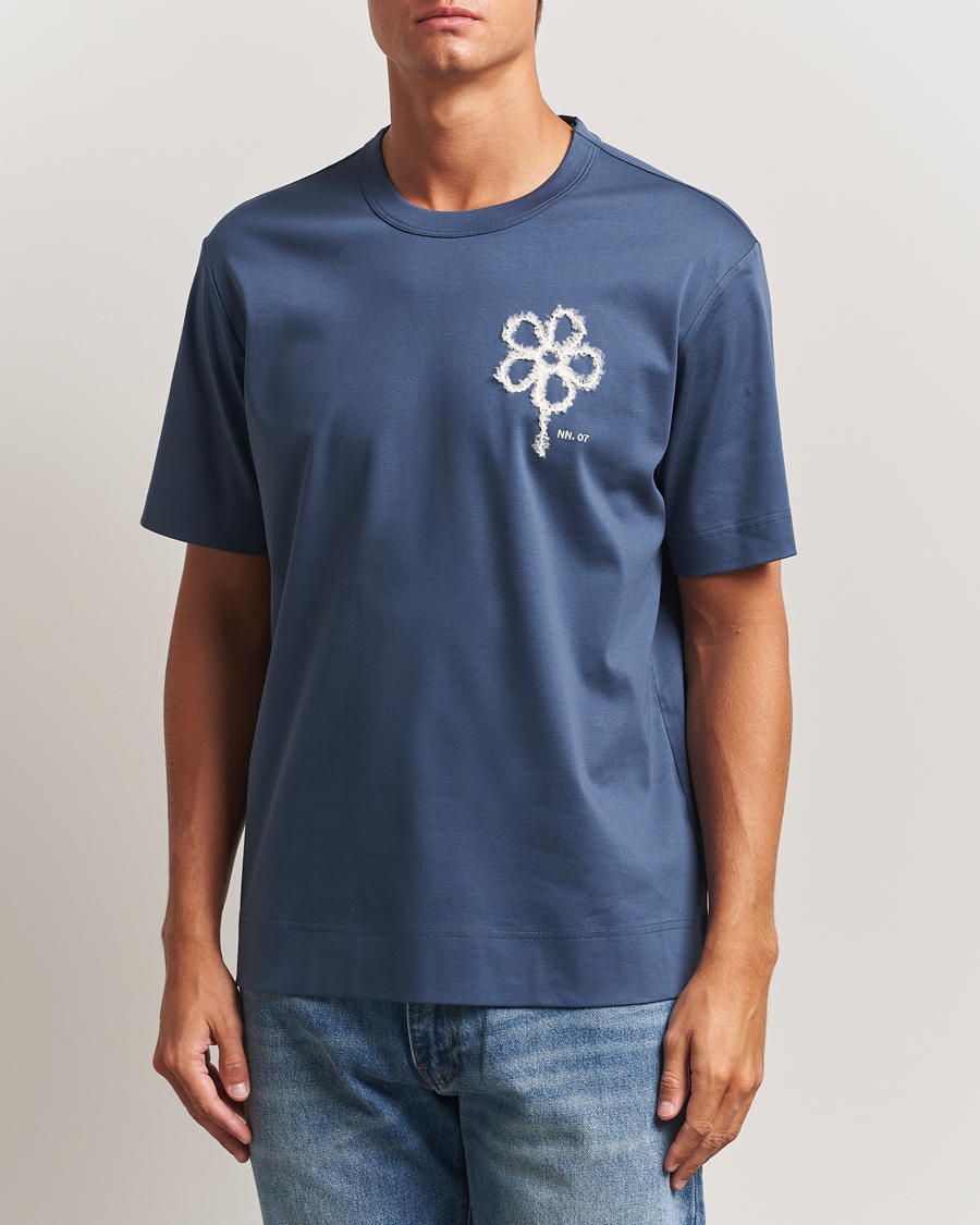 Heren | T-shirts | NN07 | Pedro Mercerized Embroidered T-Shirt Denim Blue