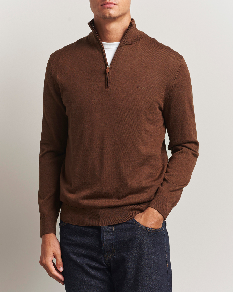 Heren | Truien | GANT | Extrafine Merino Wool Half Zip Mahogany Brown