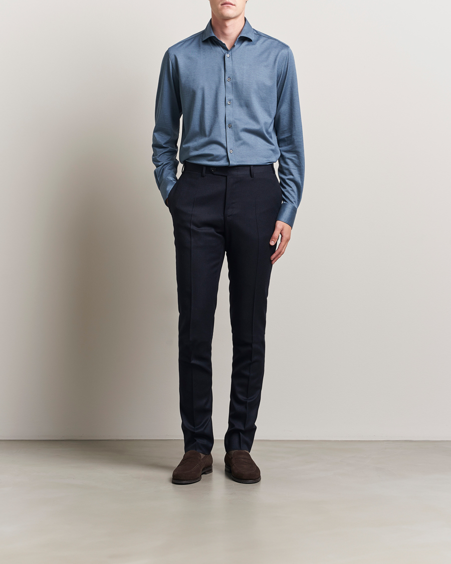 Heren | Overhemden | Canali | Jersey Piquet Shirt Blue