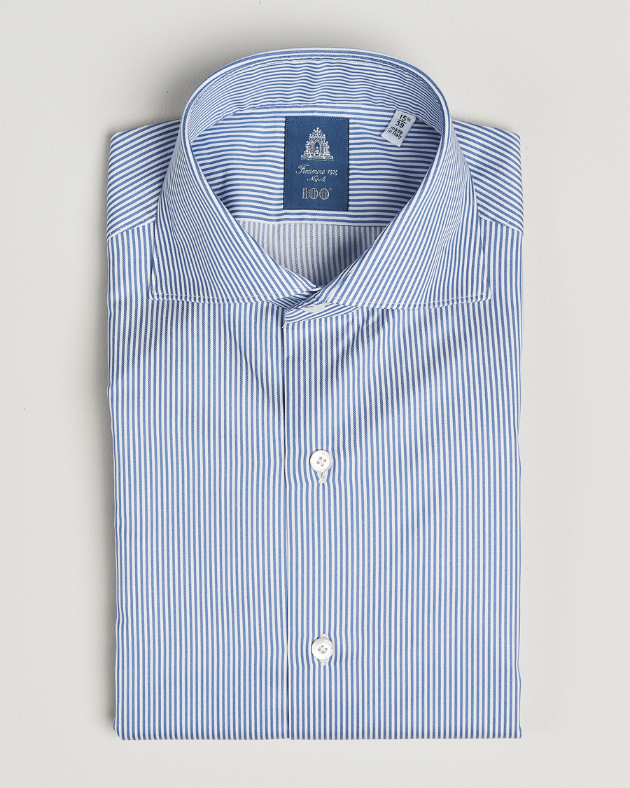 Heren | Overhemden | Finamore Napoli | Milano Slim Cotton Twill Shirt Blue Stripe