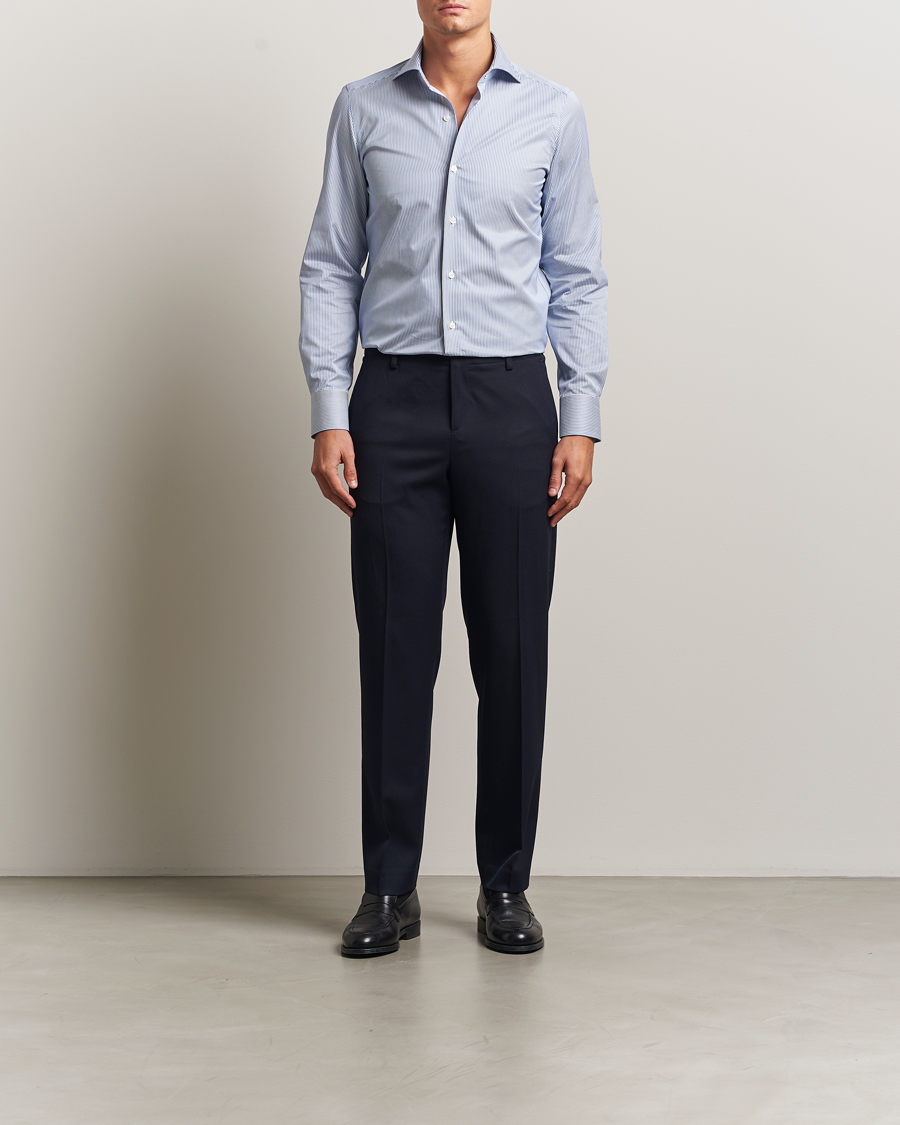 Heren | Overhemden | Finamore Napoli | Milano Slim Cotton Twill Shirt Blue Stripe