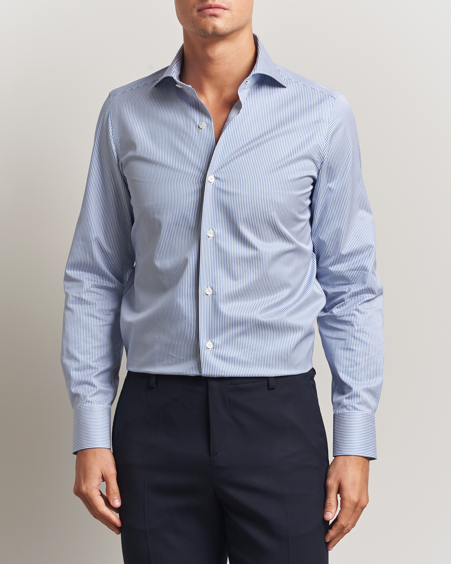 Heren | Overhemden | Finamore Napoli | Milano Slim Cotton Twill Shirt Blue Stripe