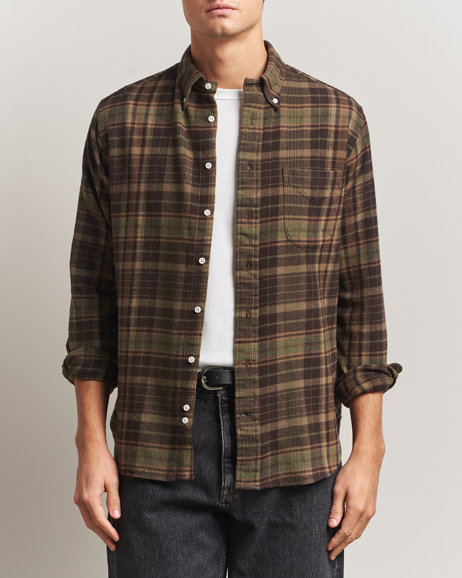 Heren | Overhemden | Gitman Vintage | Brushed Winter Madras Button Down Shirt Brown/Olive