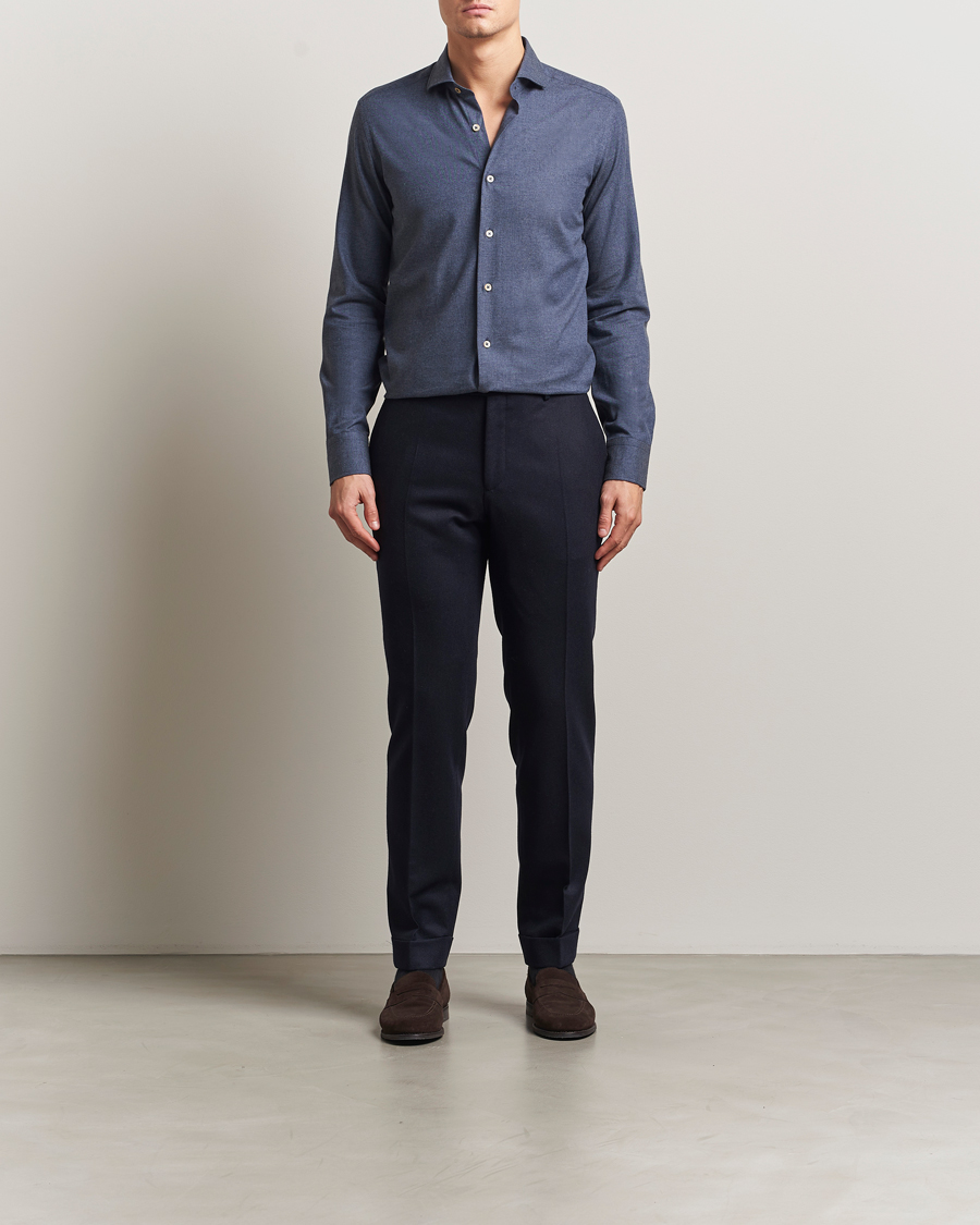 Heren | Overhemden | Grigio | Washed Flannel Shirt Dark Blue