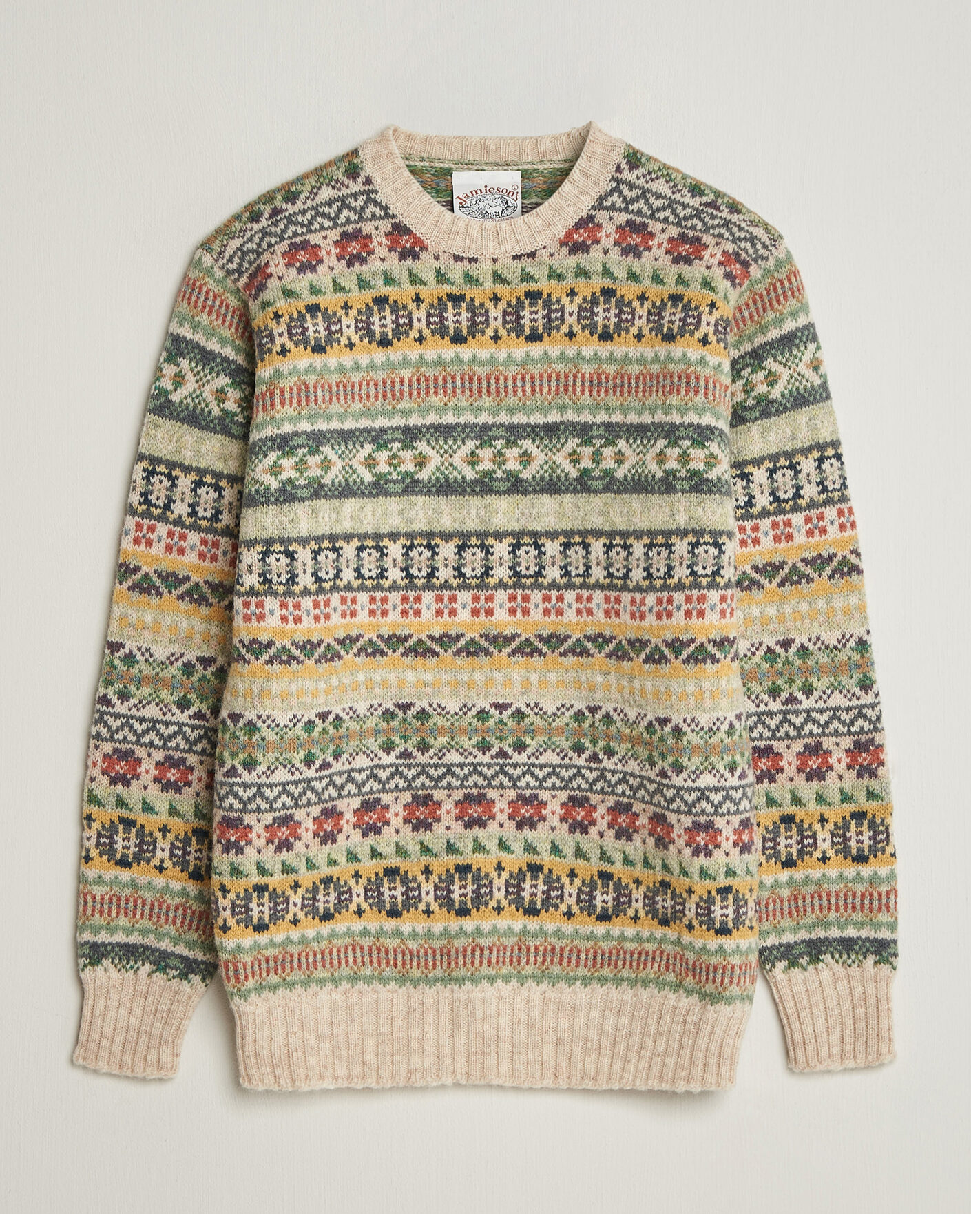 Heren | Truien | Jamieson's of Shetland | Jamiesons Of Shetland All Over Fair Isle Pullover Crew Neck Beige