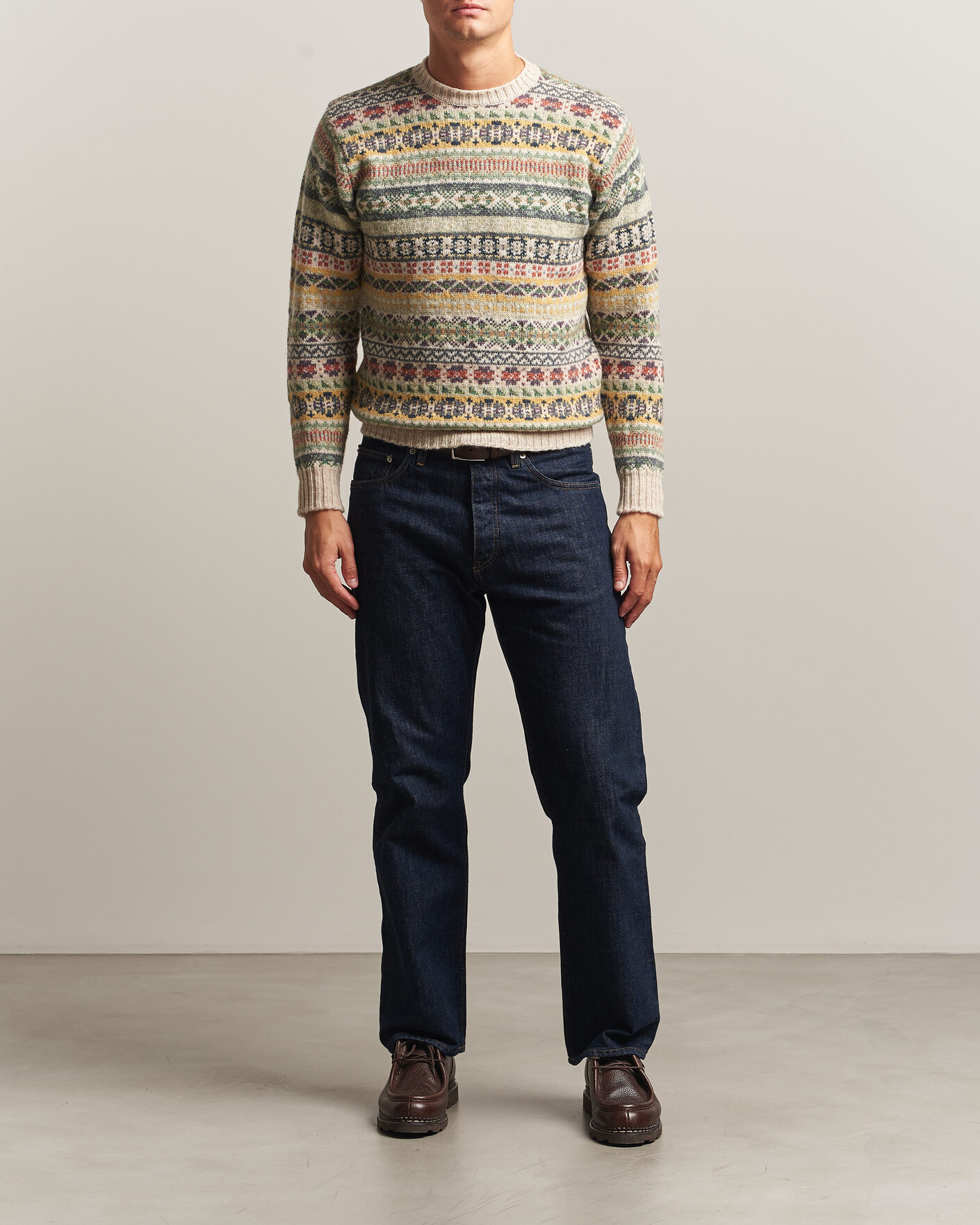Heren | Truien | Jamieson's of Shetland | Jamiesons Of Shetland All Over Fair Isle Pullover Crew Neck Beige