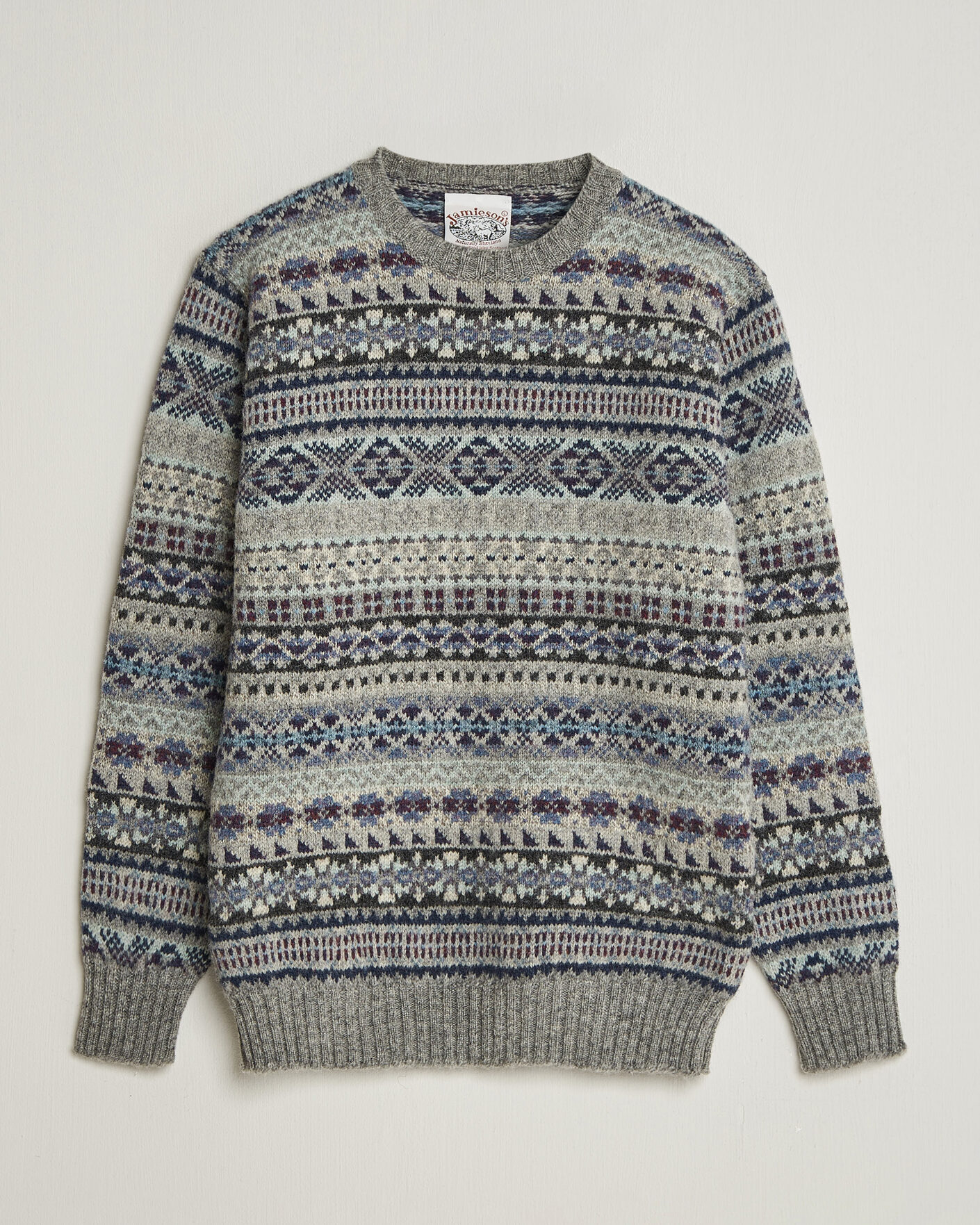 Heren | Truien | Jamieson's of Shetland | Jamiesons Of Shetland All Over Fair Isle Pullover Crew Neck Light Grey