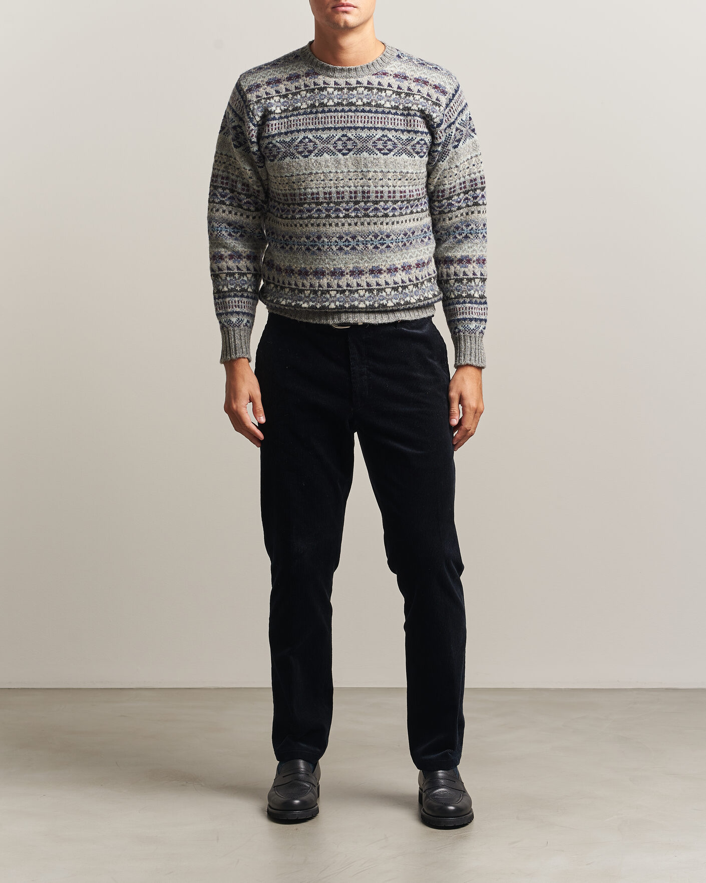 Heren | Truien | Jamieson's of Shetland | Jamiesons Of Shetland All Over Fair Isle Pullover Crew Neck Light Grey