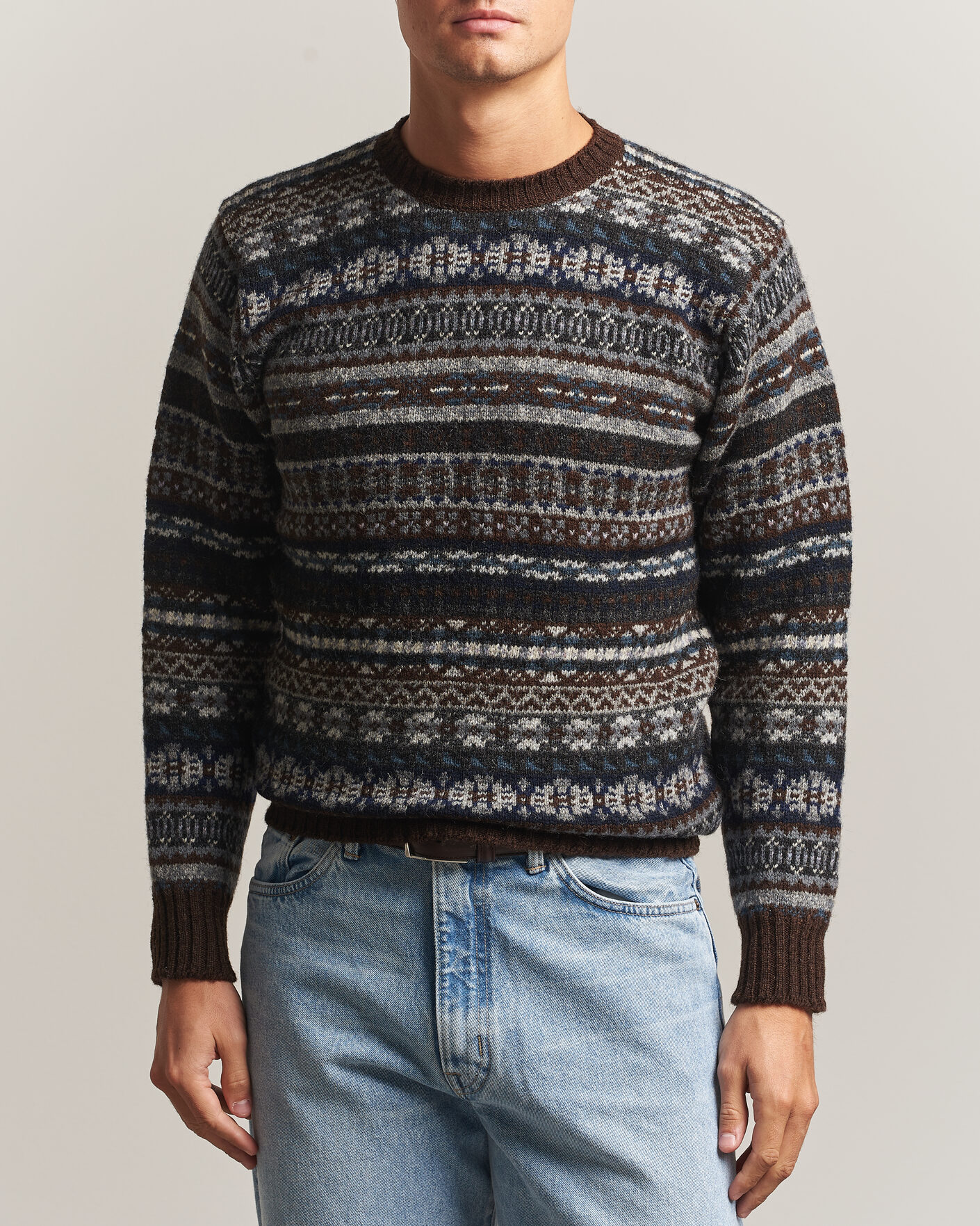 Heren | Truien | Jamieson's of Shetland | Jamiesons Of Shetland All Over Fair Isle Pullover Crew Neck Brown