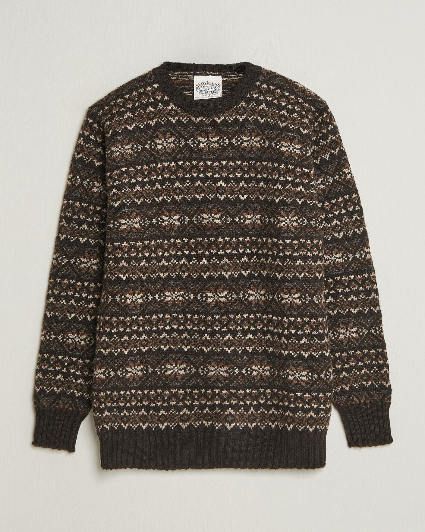 Heren | Truien | Jamieson's of Shetland | Jamiesons Of Shetland All Over Fair Isle Pullover Crew Neck Dark Brown